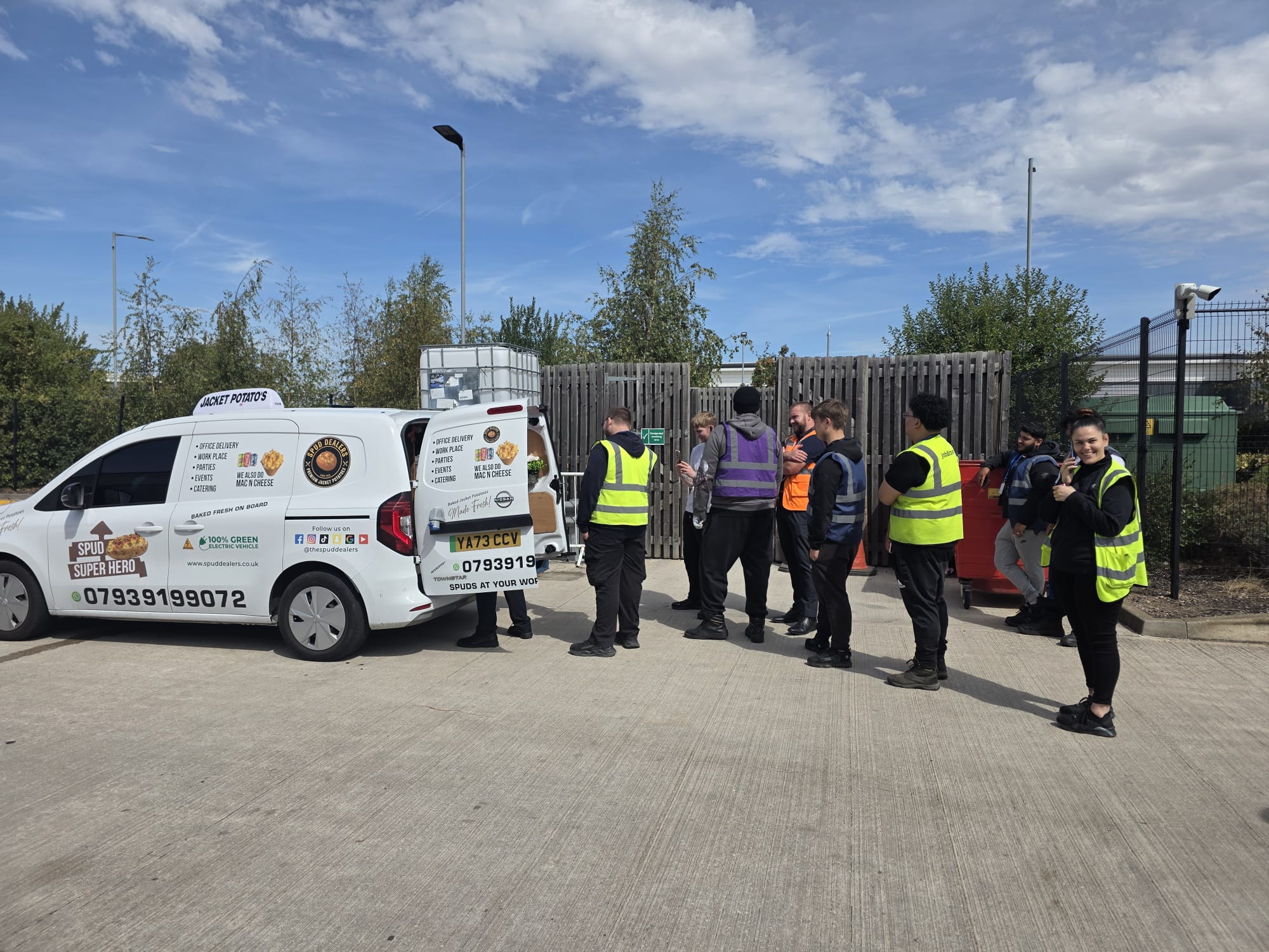 The Spud Dealers electric van serving workers on a Birmingham workplace delivery round